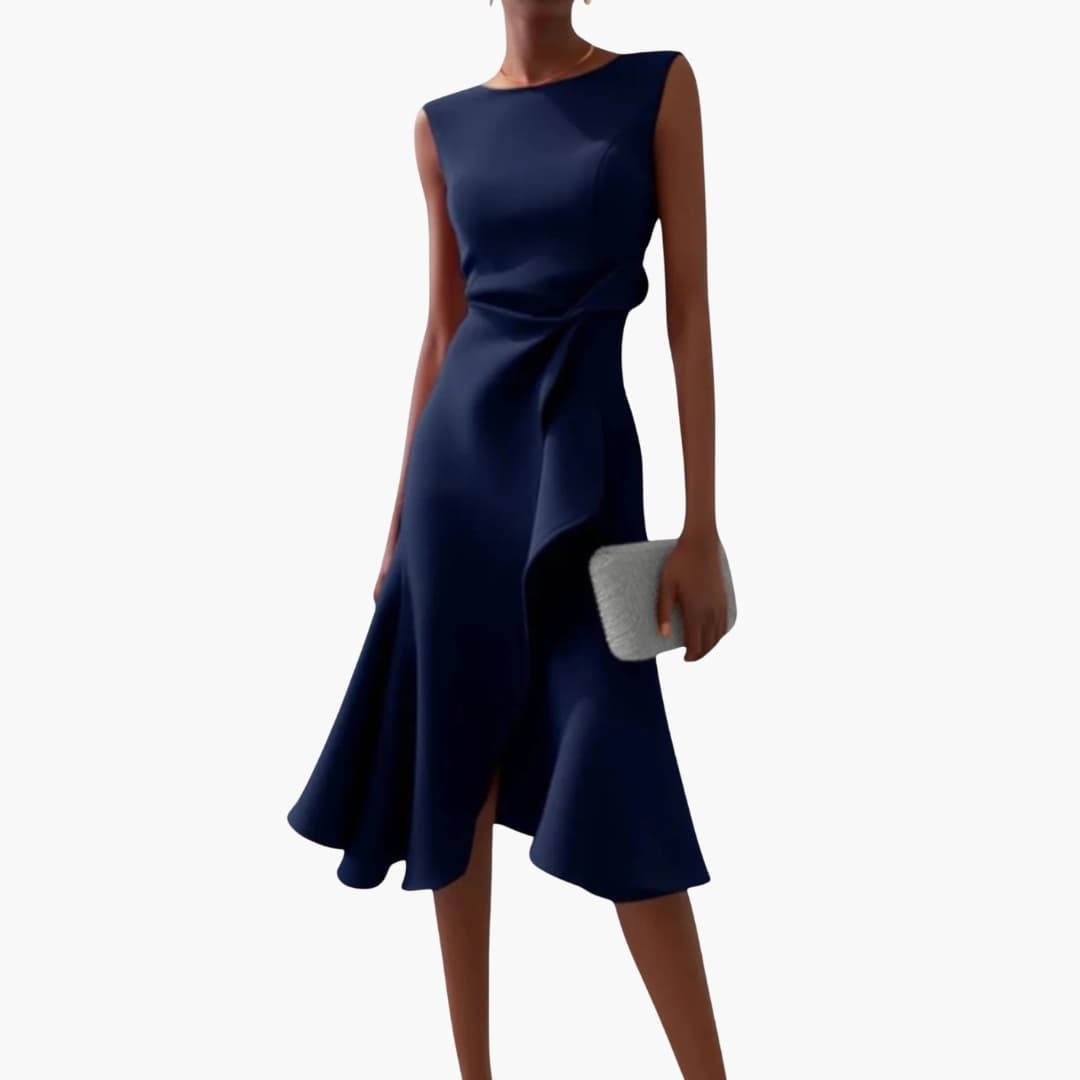 Elegant Midi Dress | Women’s Sleeveless Design with Draped Waist | Asymmetrical Hem for Stylish Comfort 1