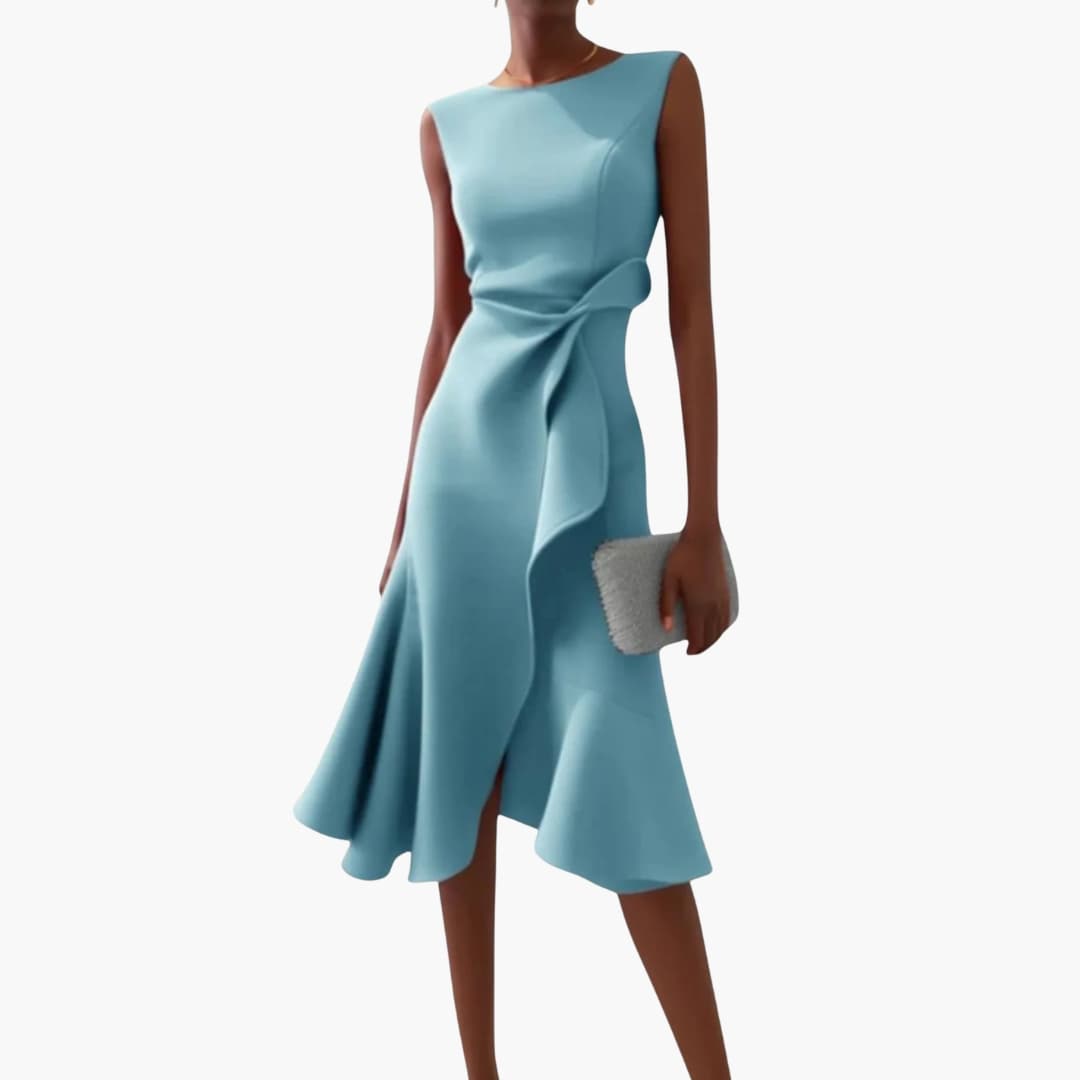 Elegant Midi Dress | Women’s Sleeveless Design with Draped Waist | Asymmetrical Hem for Stylish Comfort 3