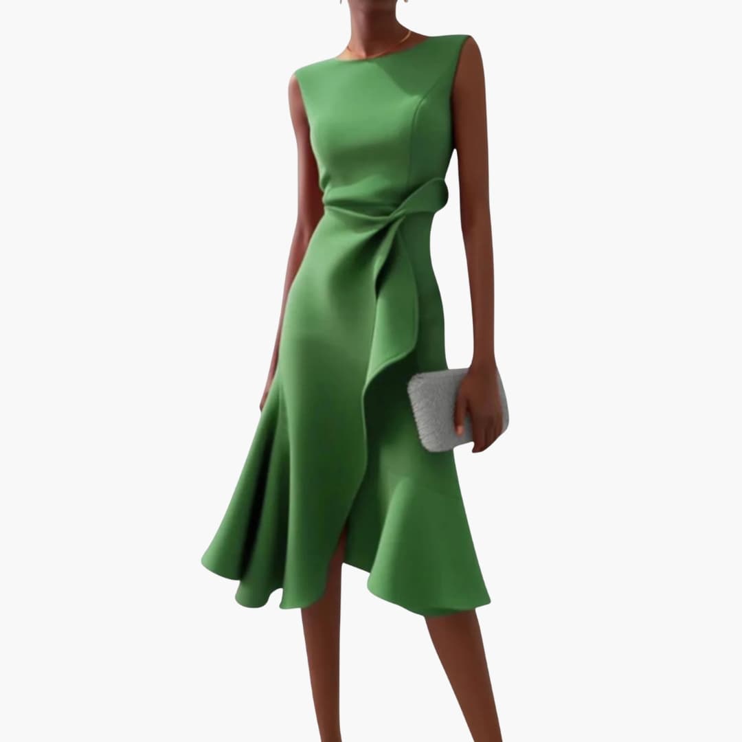 Elegant Midi Dress | Women’s Sleeveless Design with Draped Waist | Asymmetrical Hem for Stylish Comfort 5