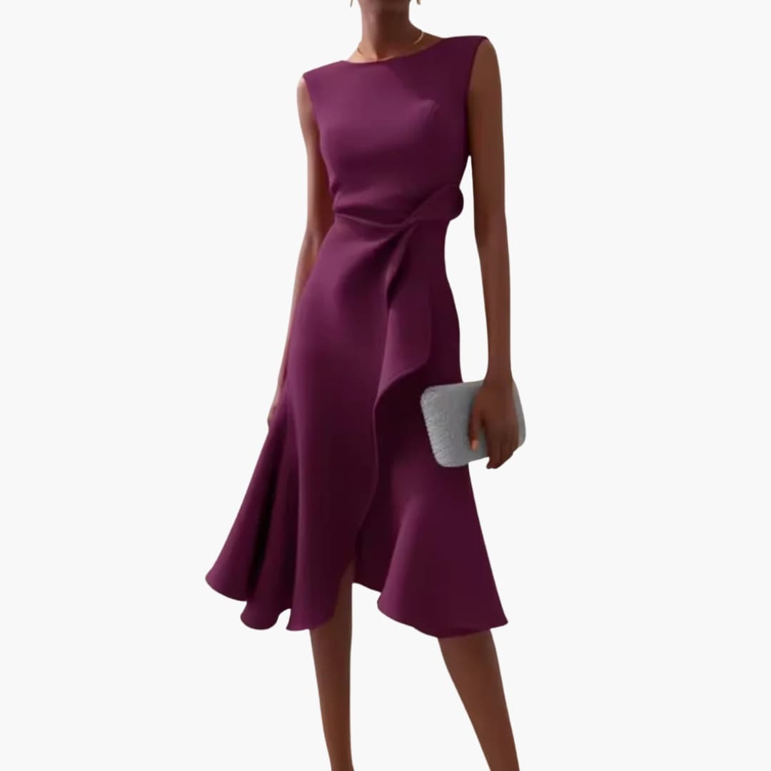 Elegant Midi Dress | Women’s Sleeveless Design with Draped Waist | Asymmetrical Hem for Stylish Comfort 6