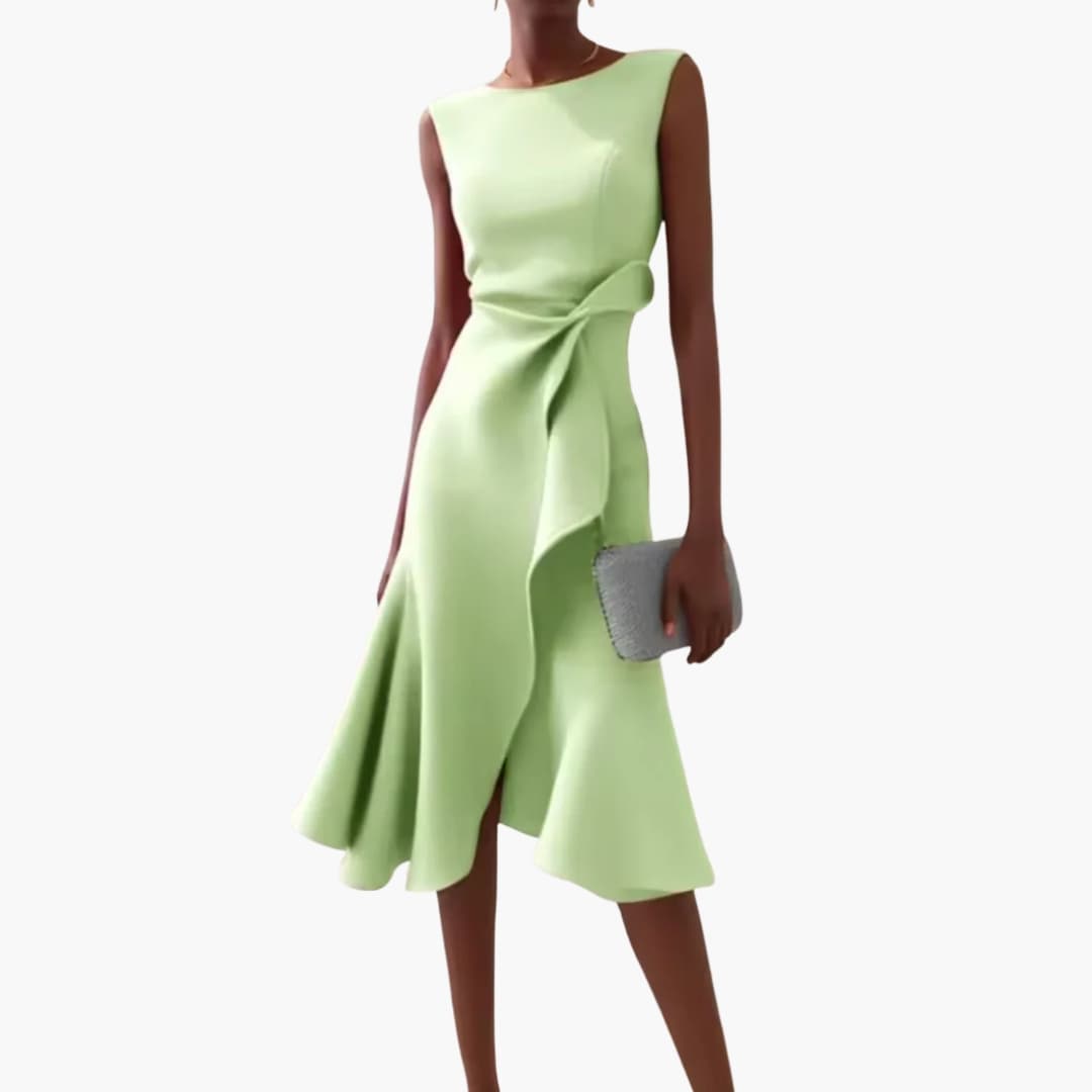 Elegant Midi Dress | Women’s Sleeveless Design with Draped Waist | Asymmetrical Hem for Stylish Comfort 7