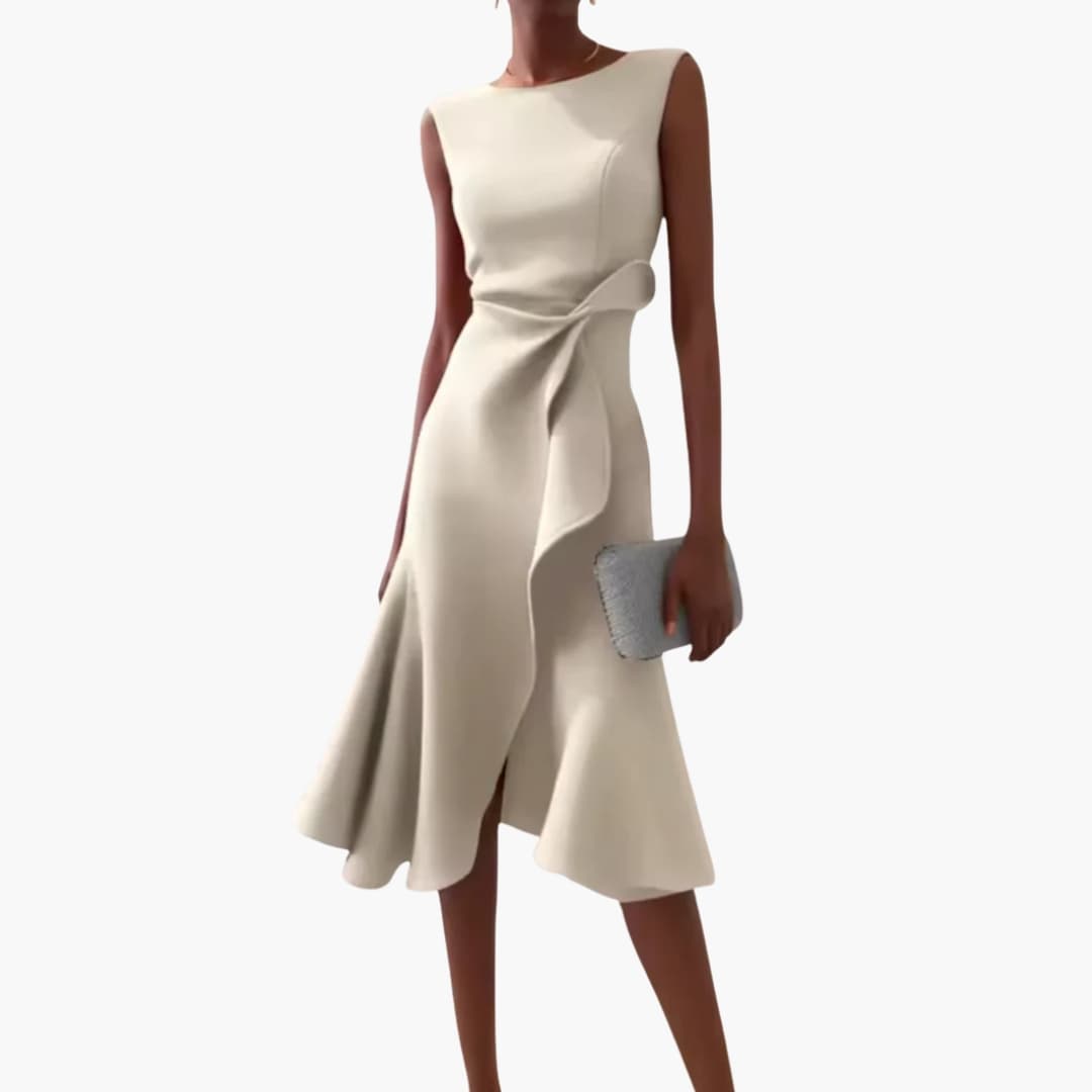 Elegant Midi Dress | Women’s Sleeveless Design with Draped Waist | Asymmetrical Hem for Stylish Comfort 9