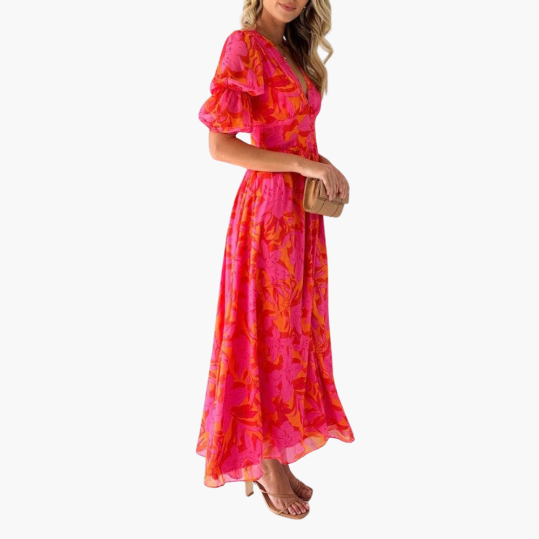 Feminine Elegance | V-Neck Maxi Dress with Puff Sleeves | Flattering Fit for Any Occasion 1