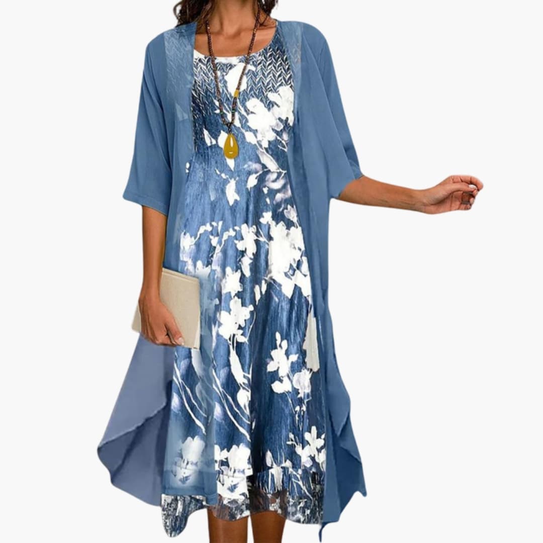 Floral Long Dress Set | Elegant Layered Cardigan with Ankle-Length Skirt for Stylish Comfort 0