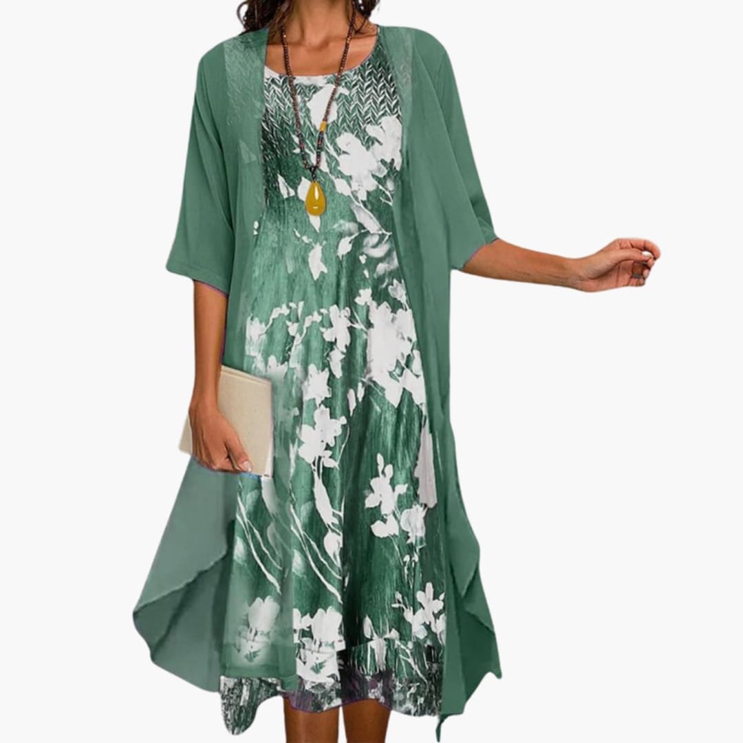 Floral Long Dress Set | Elegant Layered Cardigan with Ankle-Length Skirt for Stylish Comfort 1