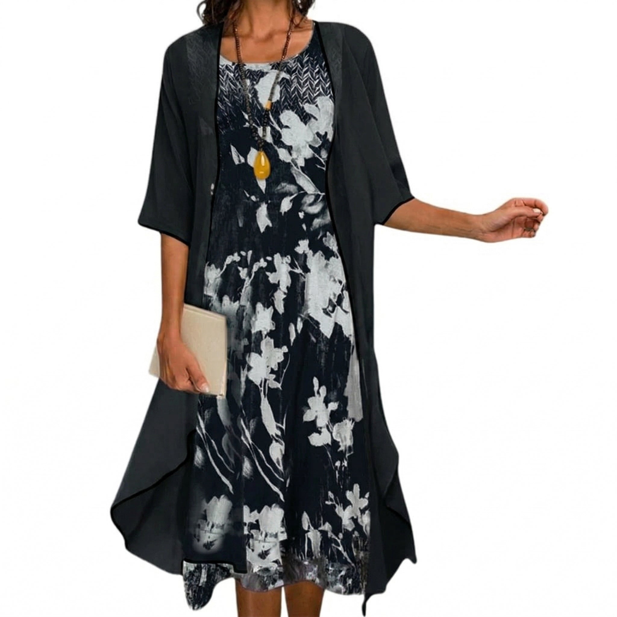 Floral Long Dress Set | Elegant Layered Cardigan with Ankle-Length Skirt for Stylish Comfort 3